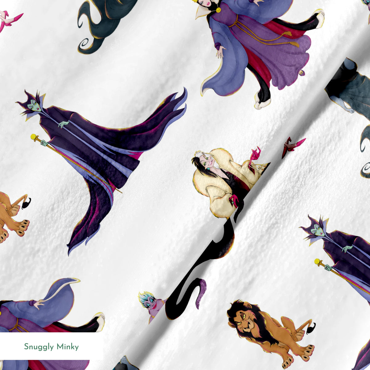 Disney villains pattern with Evil Queen, Scar, Maleficent, Ursula, and Cruella on white background springs minky texture