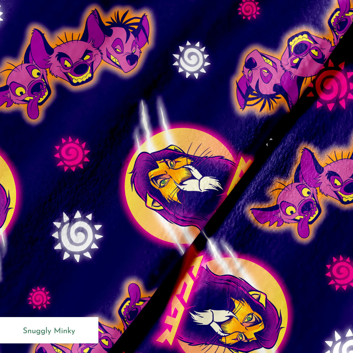 Lion and hyena characters pattern with suns on purple background, Disney's Lion King inspired design springs minky texture
