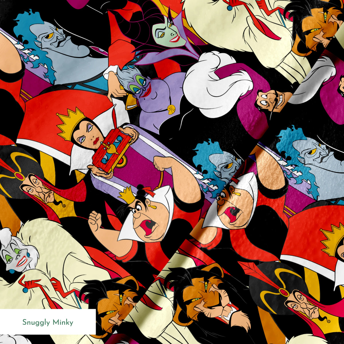 Disney villains collage featuring colorful animated characters with distinct evil expressions and iconic costumes. springs minky texture