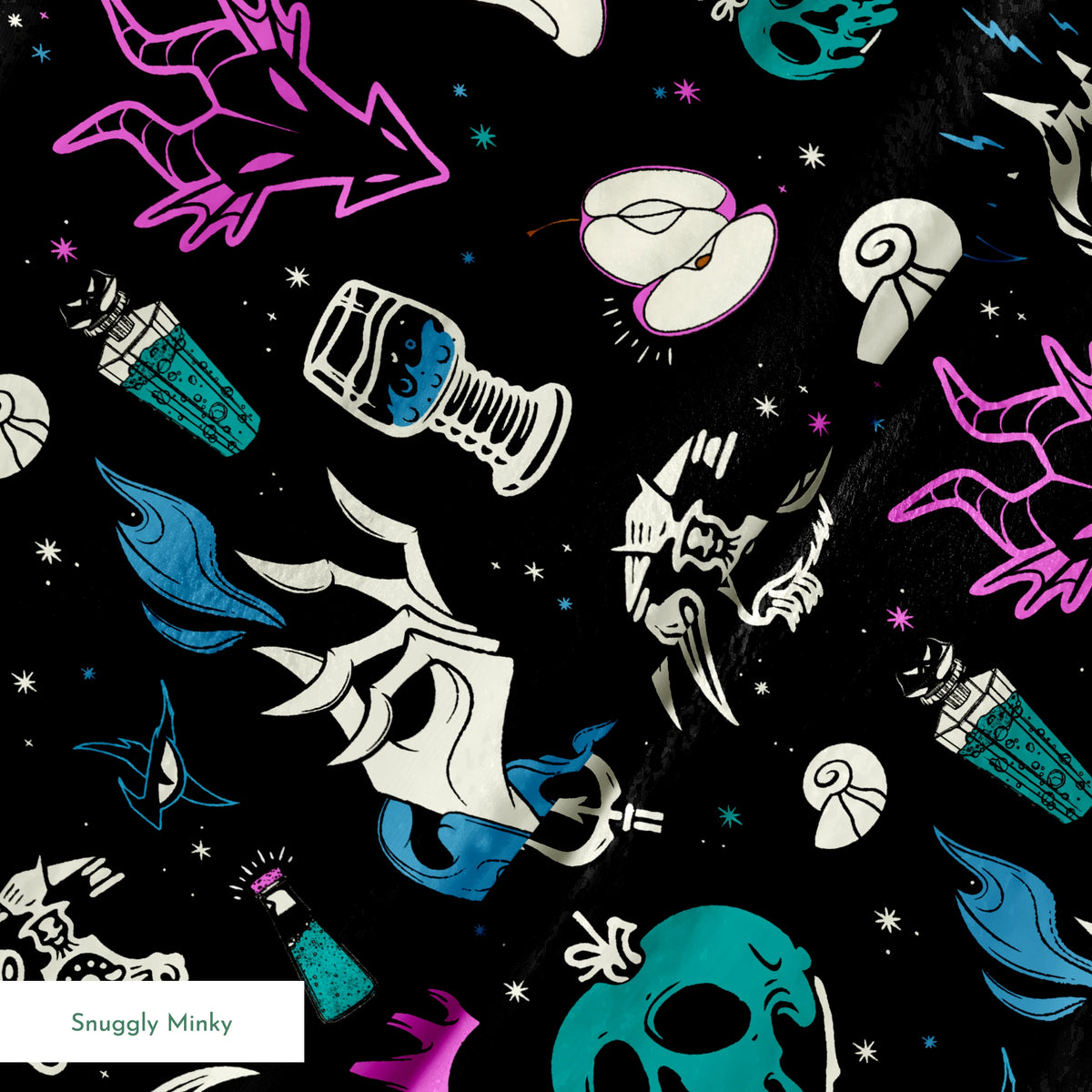 Gothic pattern with Disney villain-inspired icons like skulls, potions, and flames in teal, purple, and blue on black background. springs minky texture