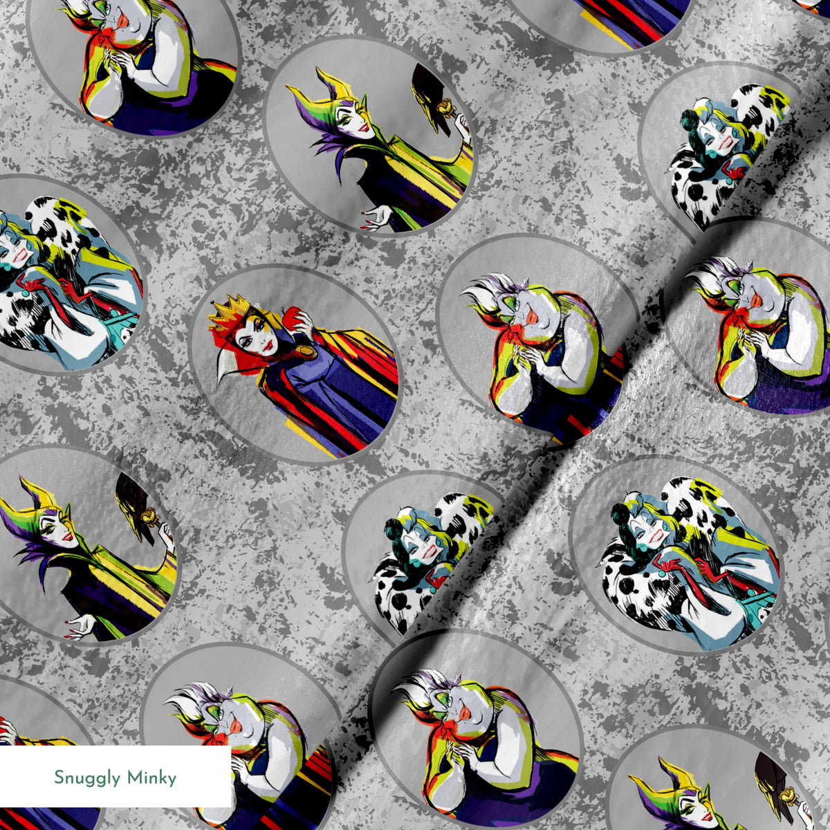 Disney villain characters in oval portraits on gray marbled background, including Ursula, Maleficent, Cruella, and Evil Queen springs minky texture