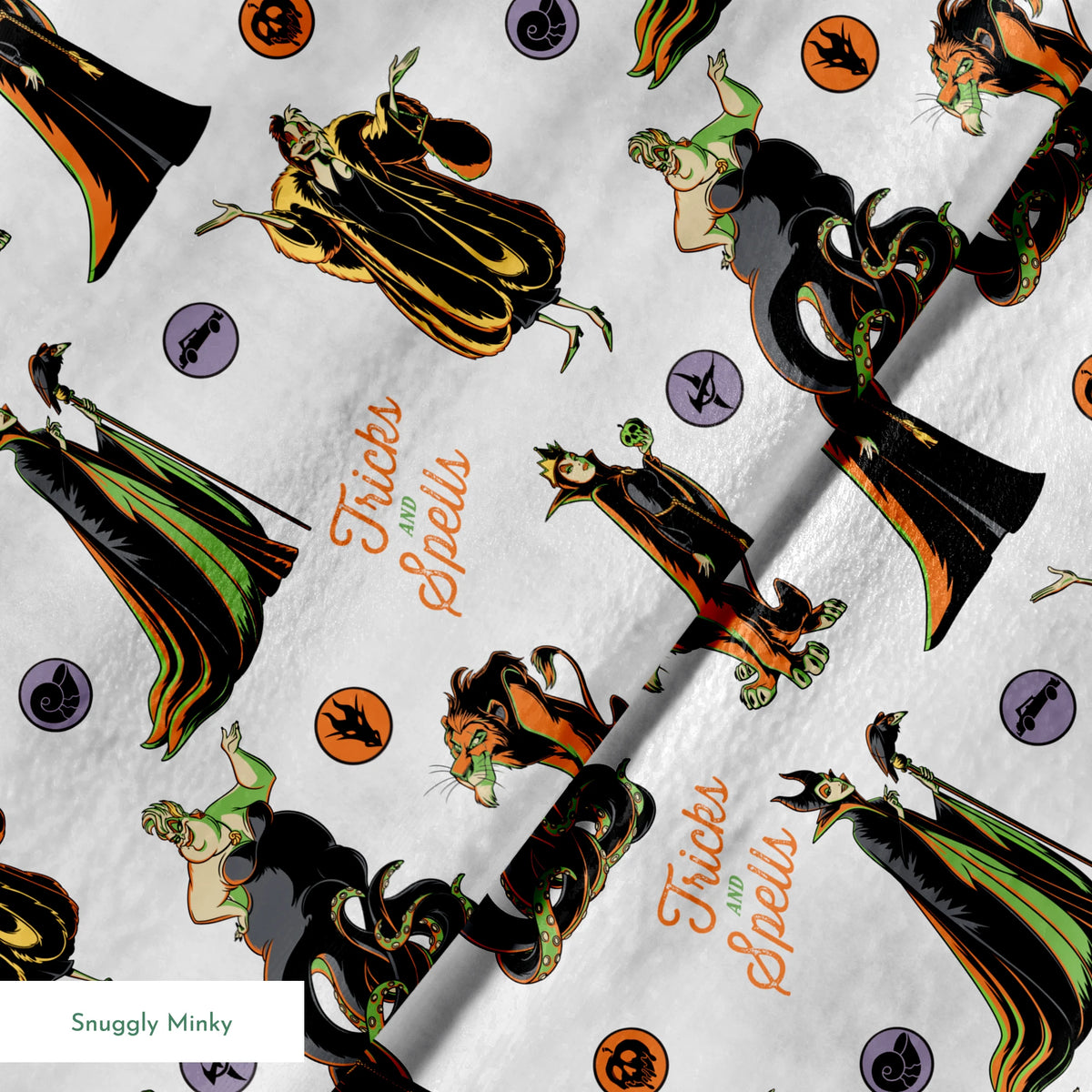 Halloween pattern with Disney villains, spells text, and magical symbols on light background springs minky texture