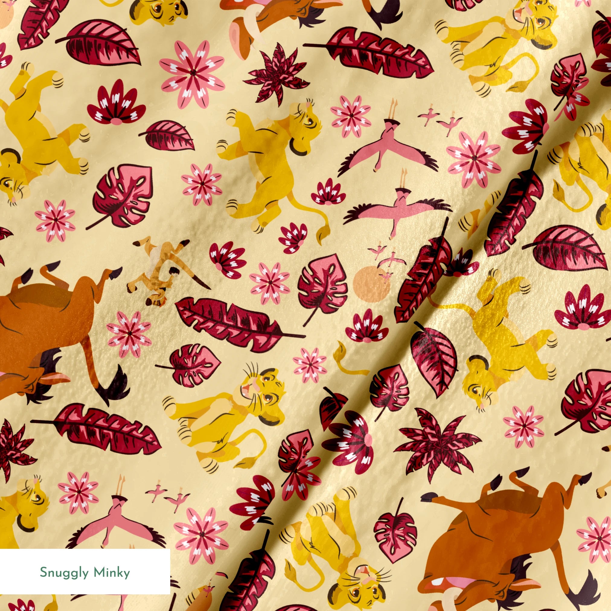 Decorative pattern with lions, gazelles, and boars in yellows and browns among maroon leaves and pink flowers springs minky texture
