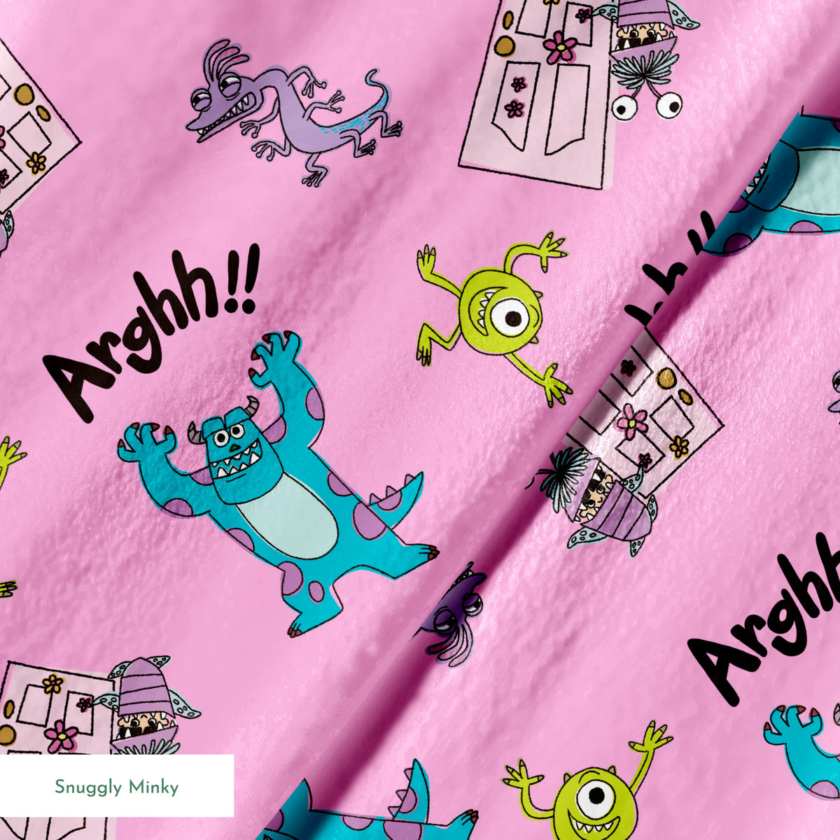 Cartoon monster pattern with blue creatures, green one-eyed characters, and "Arghh!!" text on pink background springs minky texture