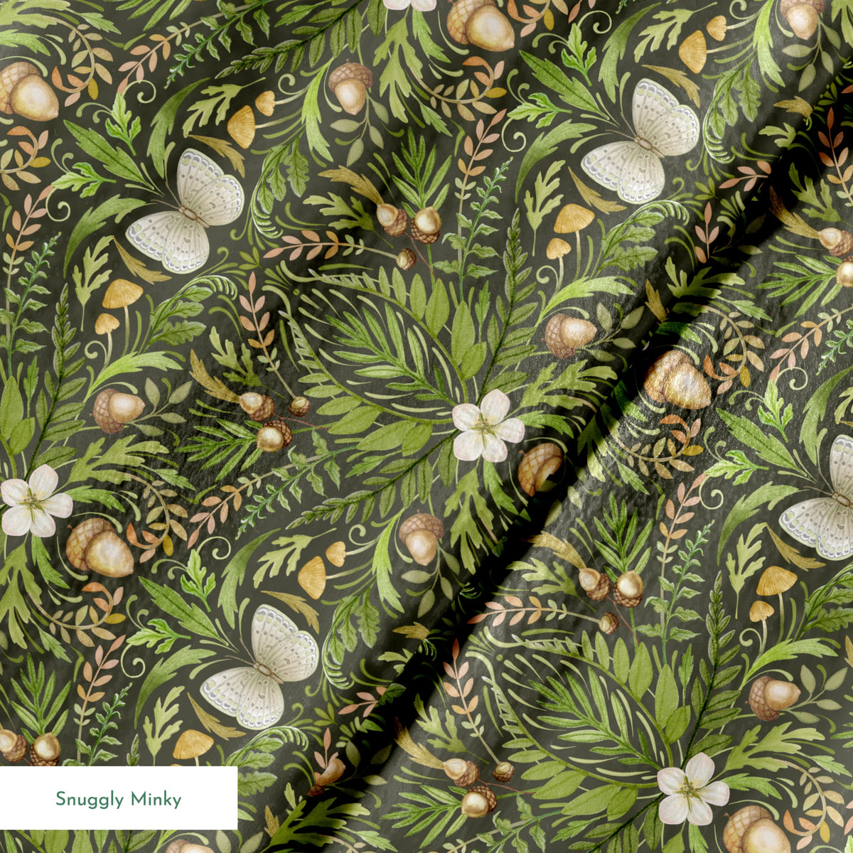 Symmetrical botanical pattern with green foliage, white flowers, and brown accents on dark background springs minky texture
