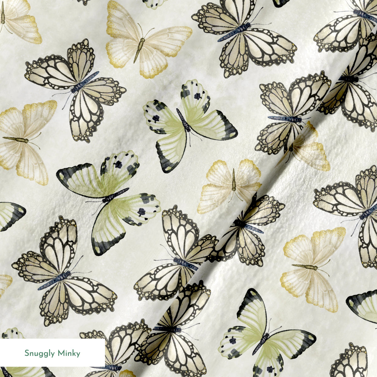 Illustrated butterfly pattern by Nicole Tamarin with soft sage green and neutral tones on a textured cream background. springs minky texture