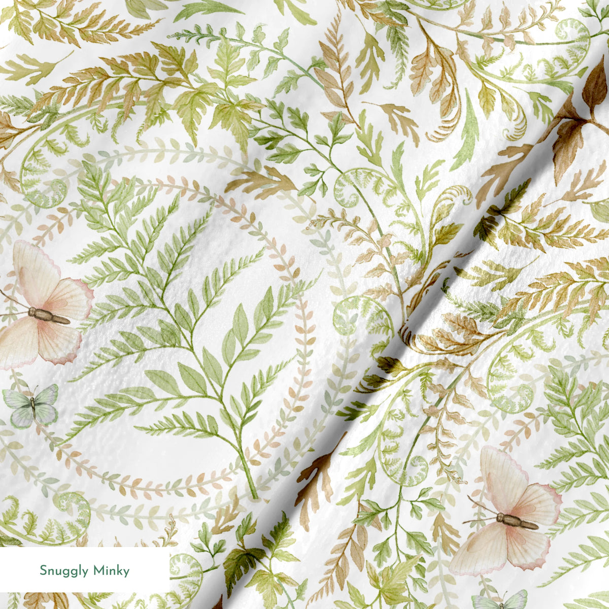 Circular botanical design featuring green ferns and blush butterflies on a white background in a Nicole Tamarin pattern. springs minky texture