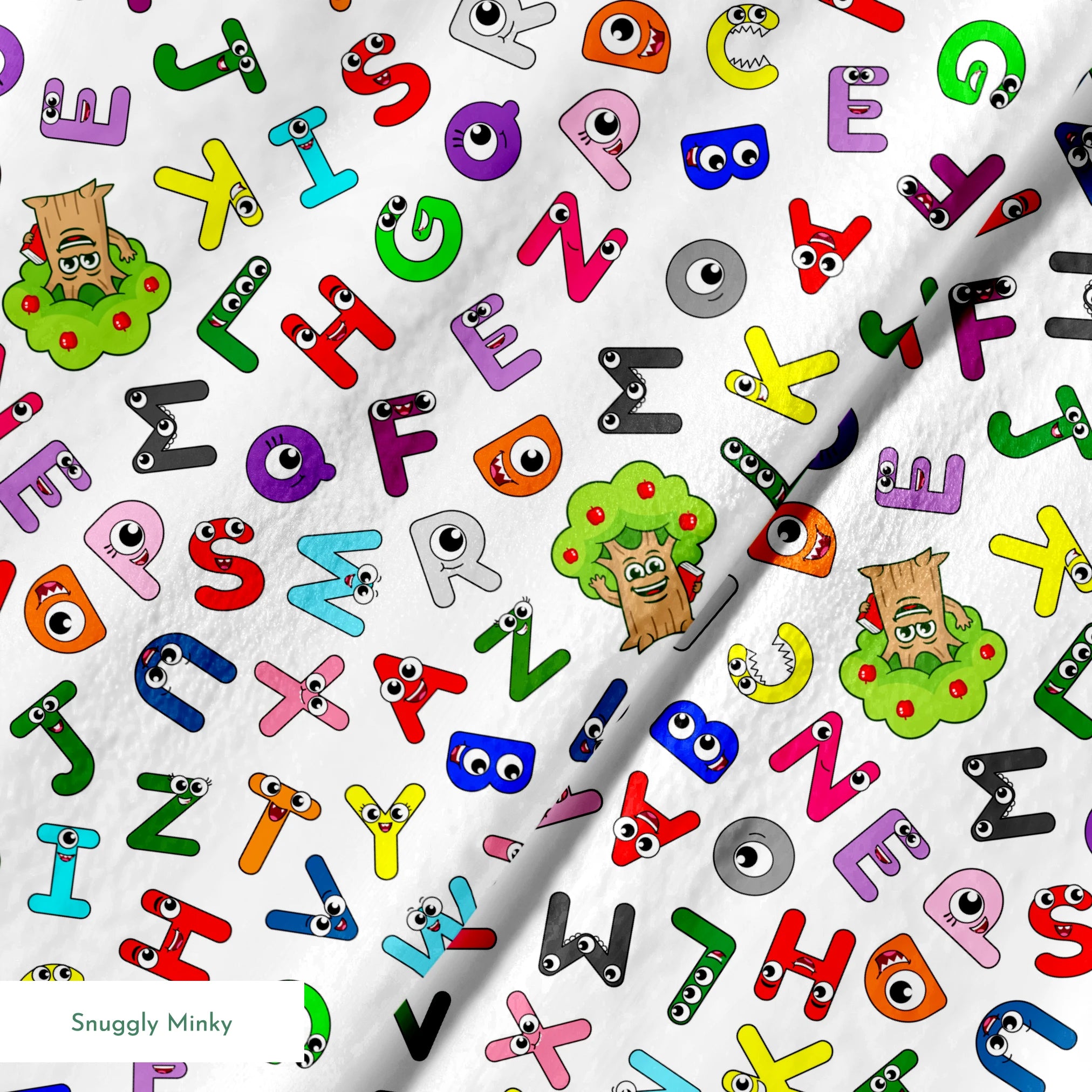 Colorful cartoon alphabet letters scattered randomly on white background with small monster characters springs minky texture