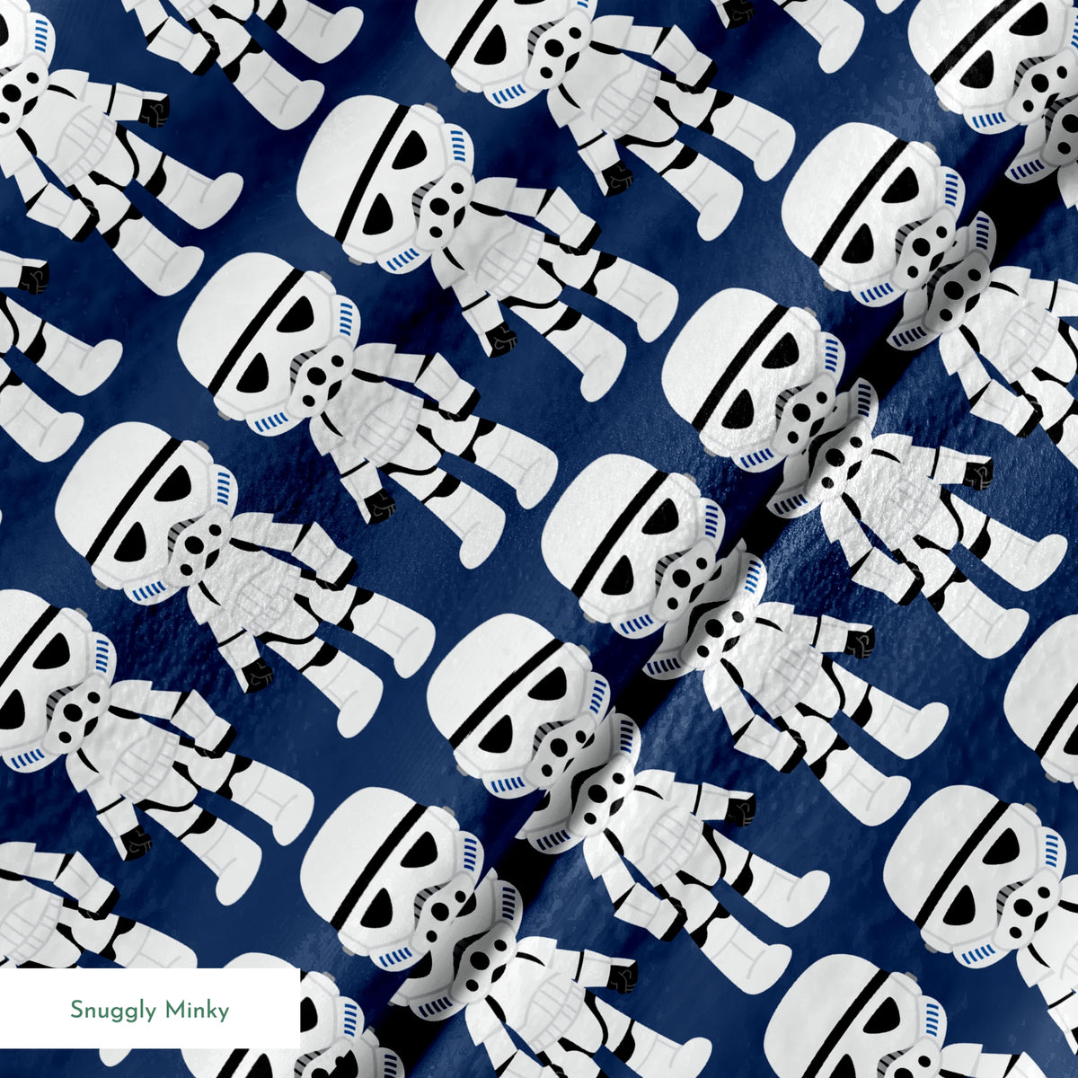 Repeated pattern of cartoon Stormtrooper characters in white armor against dark blue background springs minky texture