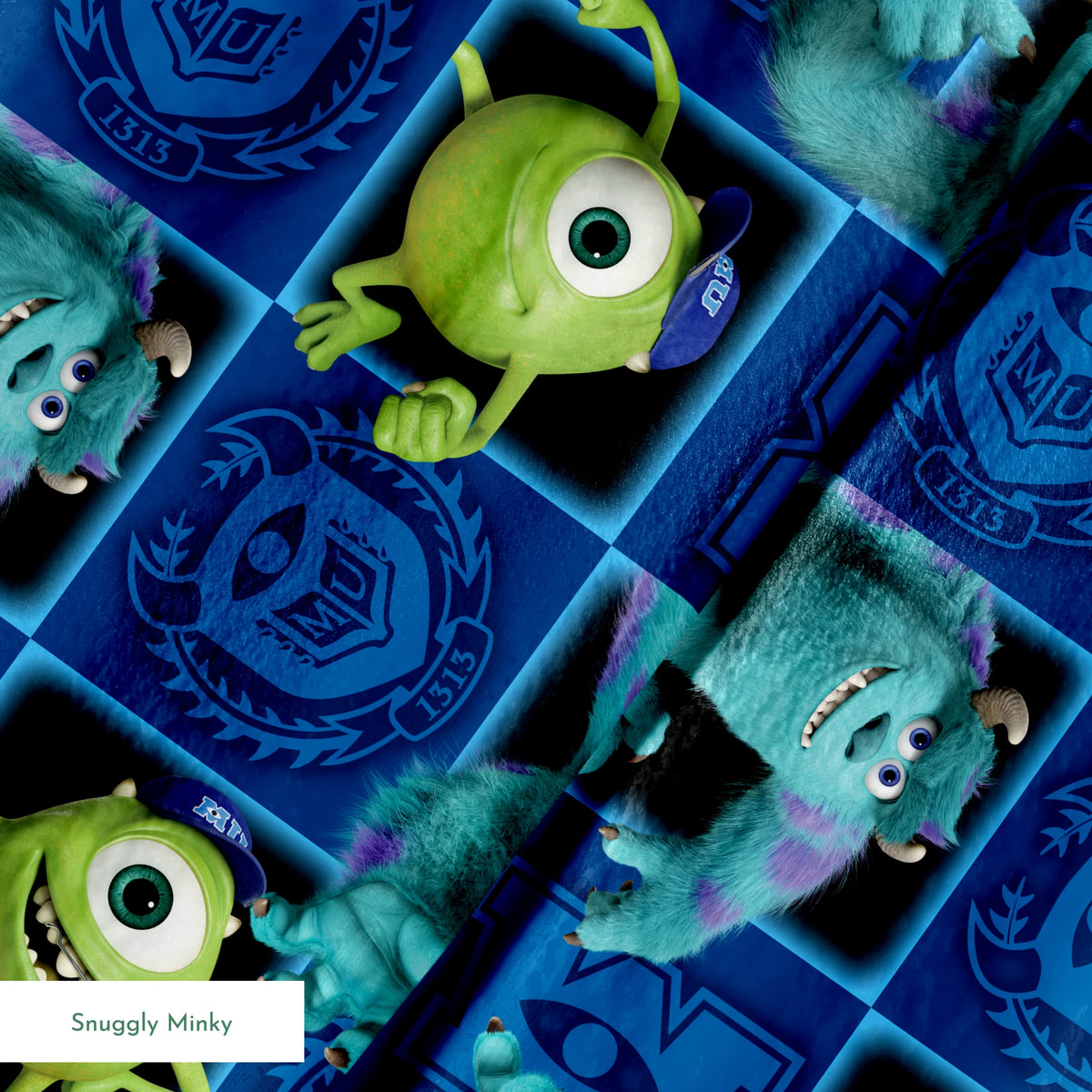 Monsters Inc characters pattern with Mike and Sulley on blue background with logos and emblems springs minky texture