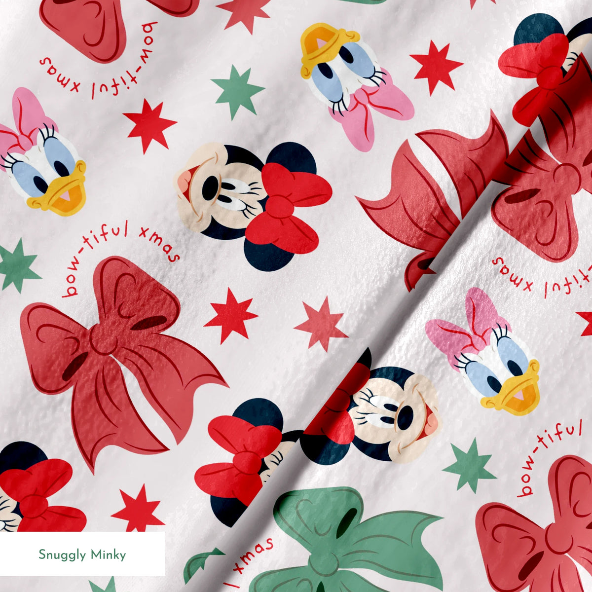 Disney pattern with Minnie Mouse and Daisy Duck characters, green and red bows, and green stars on light background. springs minky texture