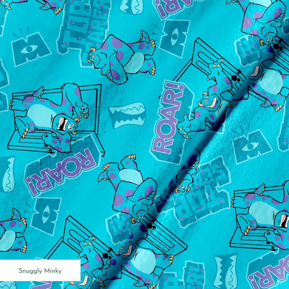 Monsters Inc's Sulley with "Roar" text and doorway motifs from movie springs minky texture
