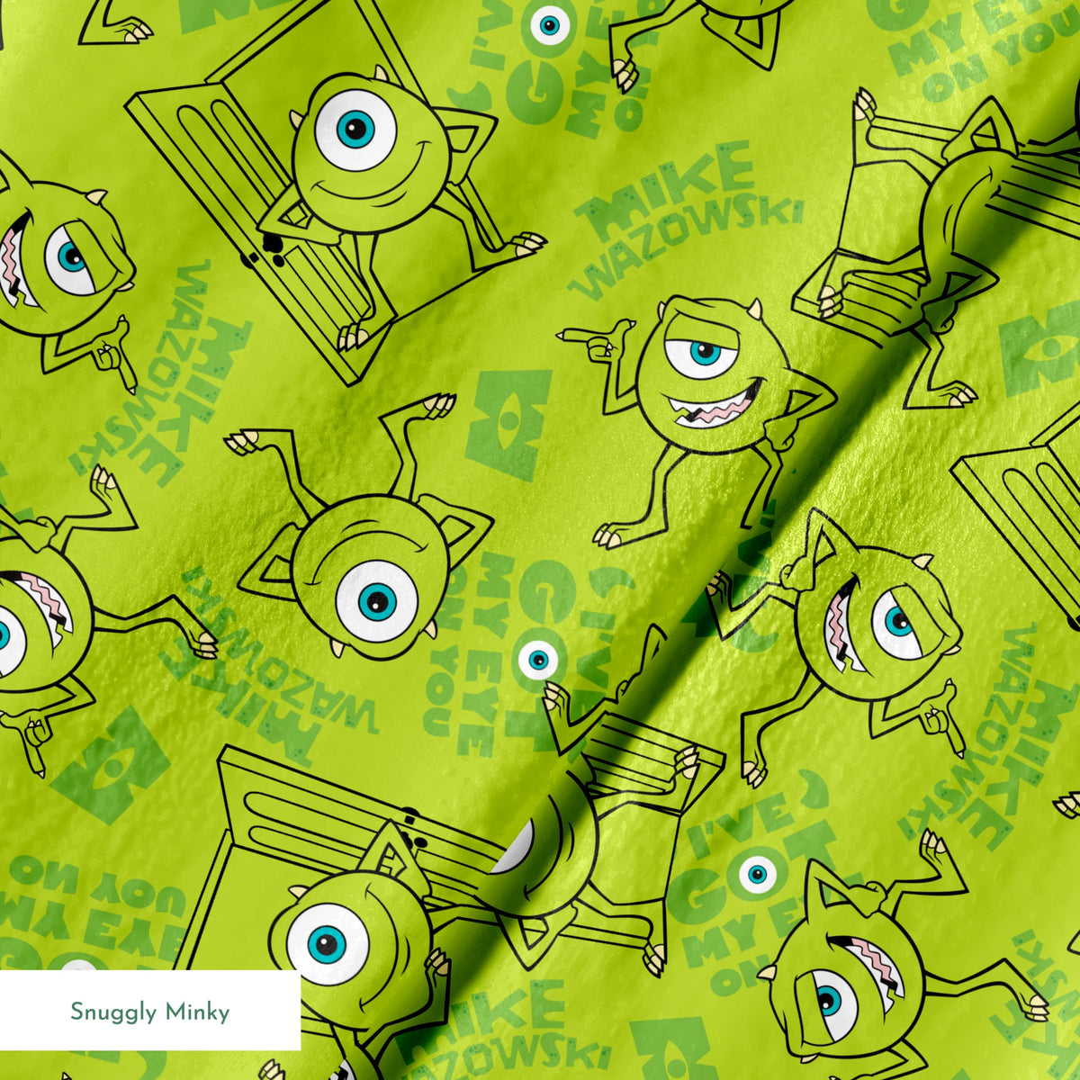 Green background with repeating Mike Wazowski in black outlines. springs minky texture