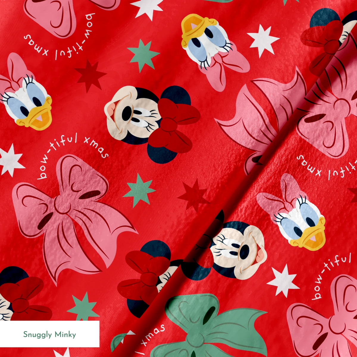Disney character pattern with Minnie Mouse, Mickey Mouse and Donald Duck on red background with bows and stars springs minky texture