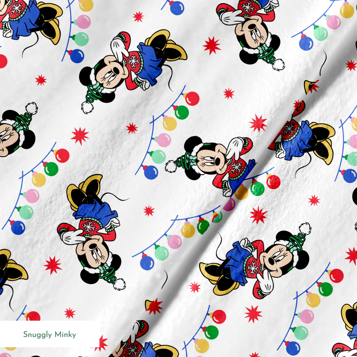 Minnie Mouse in Santa hats with blue outfits surrounded by colorful string lights and red stars on white background springs minky texture