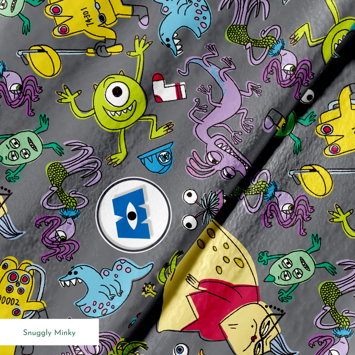 Colorful Monsters Inc pattern with various whimsical creatures in yellow, blue, green, and purple on a gray background. springs minky texture