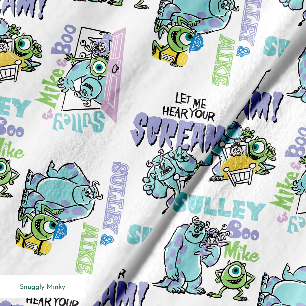 Monsters Inc pattern with Sulley and Mike characters in blue and green, with text like "Boo" and "Monsters" scattered throughout. springs minky texture