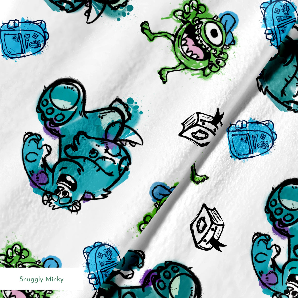 Colorful Monsters Inc pattern with turquoise, green creatures and small boxes on white background springs minky texture