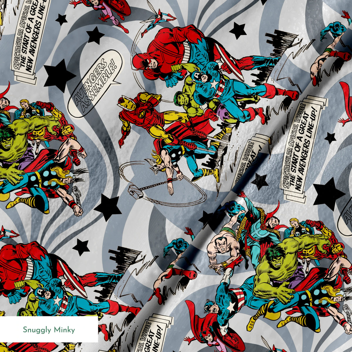 Colorful comic book style pattern with Marvel superheroes on gray background with stars and swirls springs minky texture