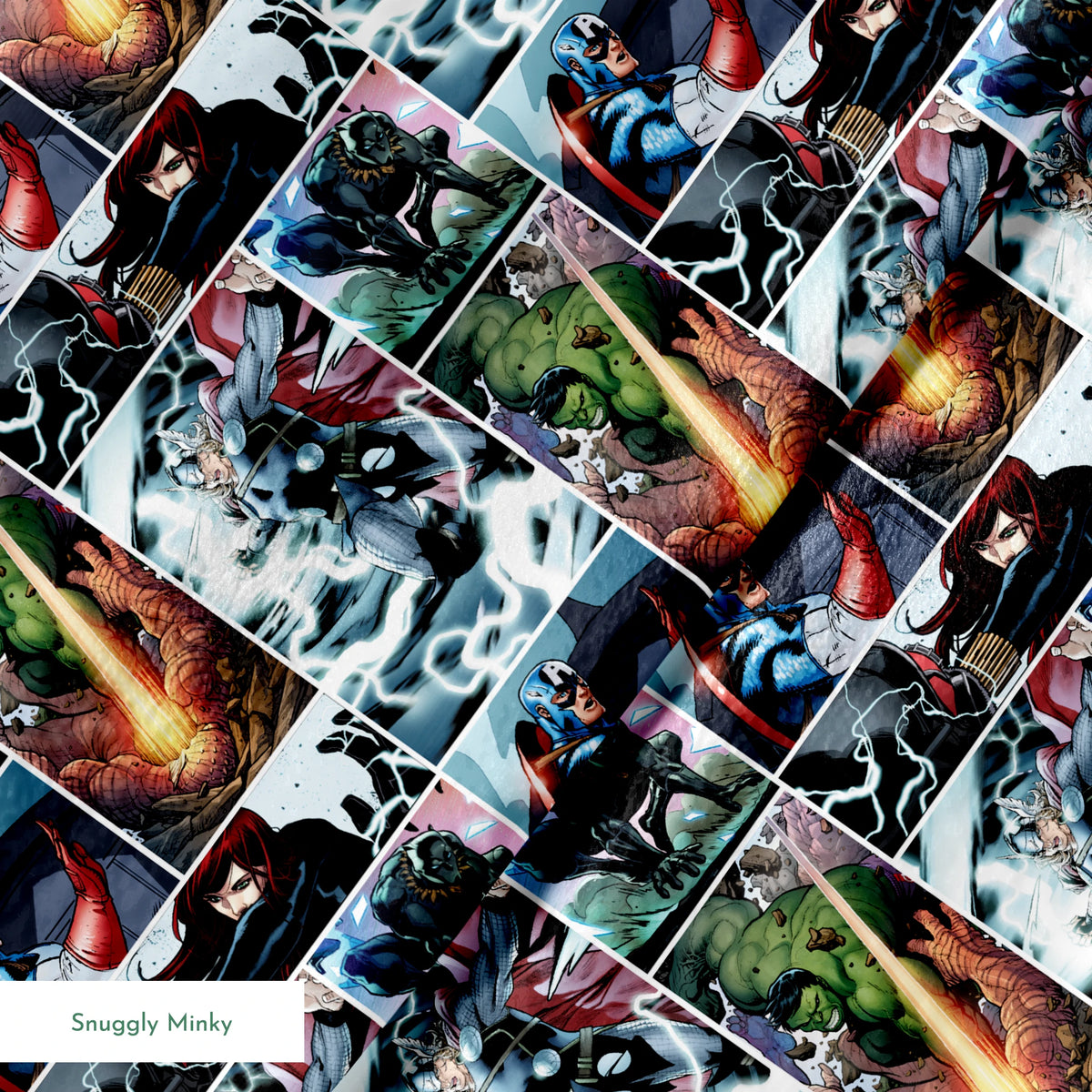 Comic book collage featuring Thor with lightning, Captain America with shield, Hulk, and various Marvel superheroes in action scenes springs minky texture