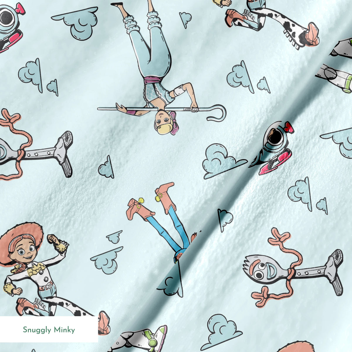 Cartoon characters from "Toy Story" floating on light blue background with cloud patterns springs minky texture
