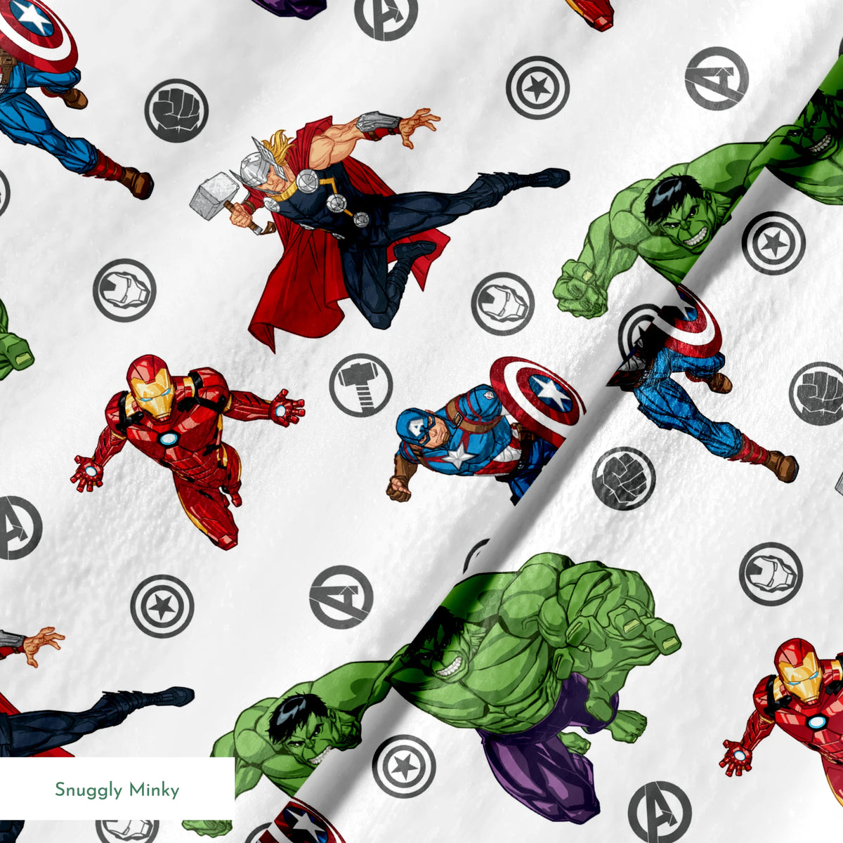 Marvel Avengers characters pattern with Hulk, Thor, Iron Man, and Captain America among superhero logos springs minky texture