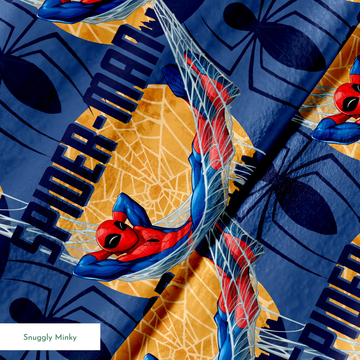 Spider-Man pattern with cartoon superhero in red and blue swinging on webbing against navy and gold background springs minky texture
