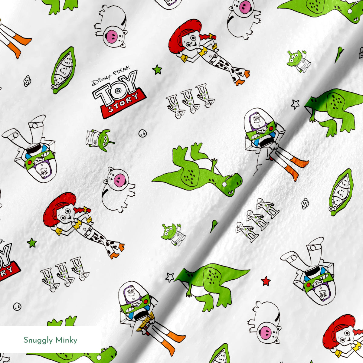 Toy Story pattern with Rex, Buzz, Woody, and alien characters scattered on white background springs minky texture