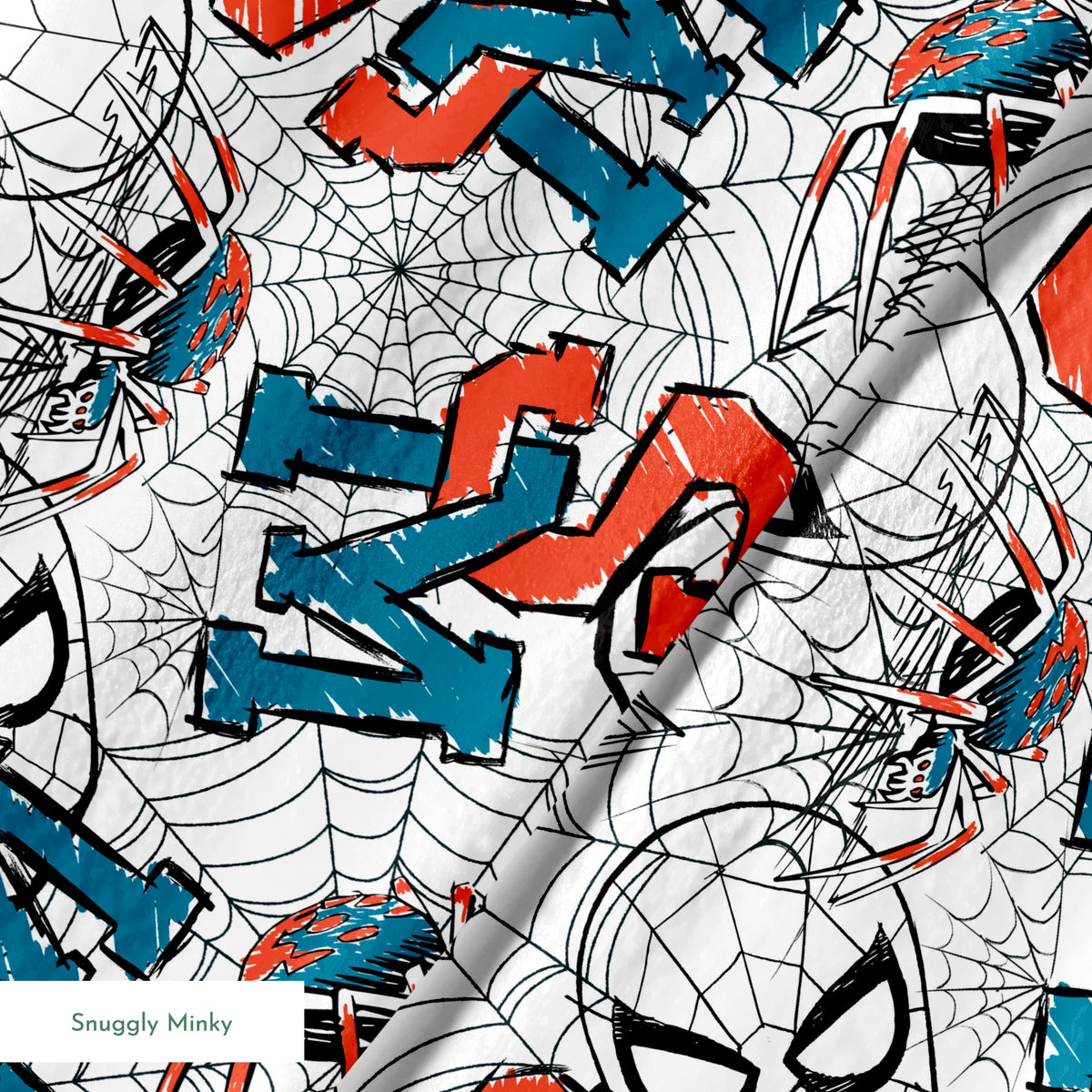 Abstract design with blue and red letters (S, M, K) overlaid with black spider web patterns on white background springs minky texture