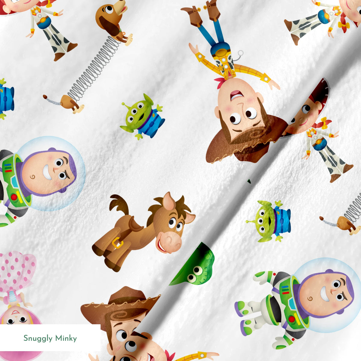 Toy Story character pattern with Woody, Buzz, Jessie, Rex, Slinky Dog and aliens on white background springs minky texture