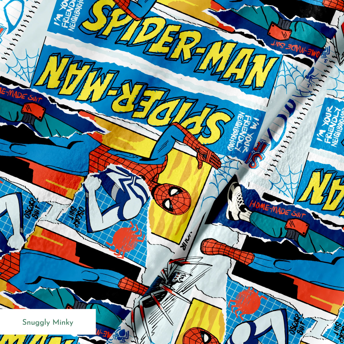 Spider-Man comic book style pattern with red and blue superheroes in action poses against web-themed background springs minky texture