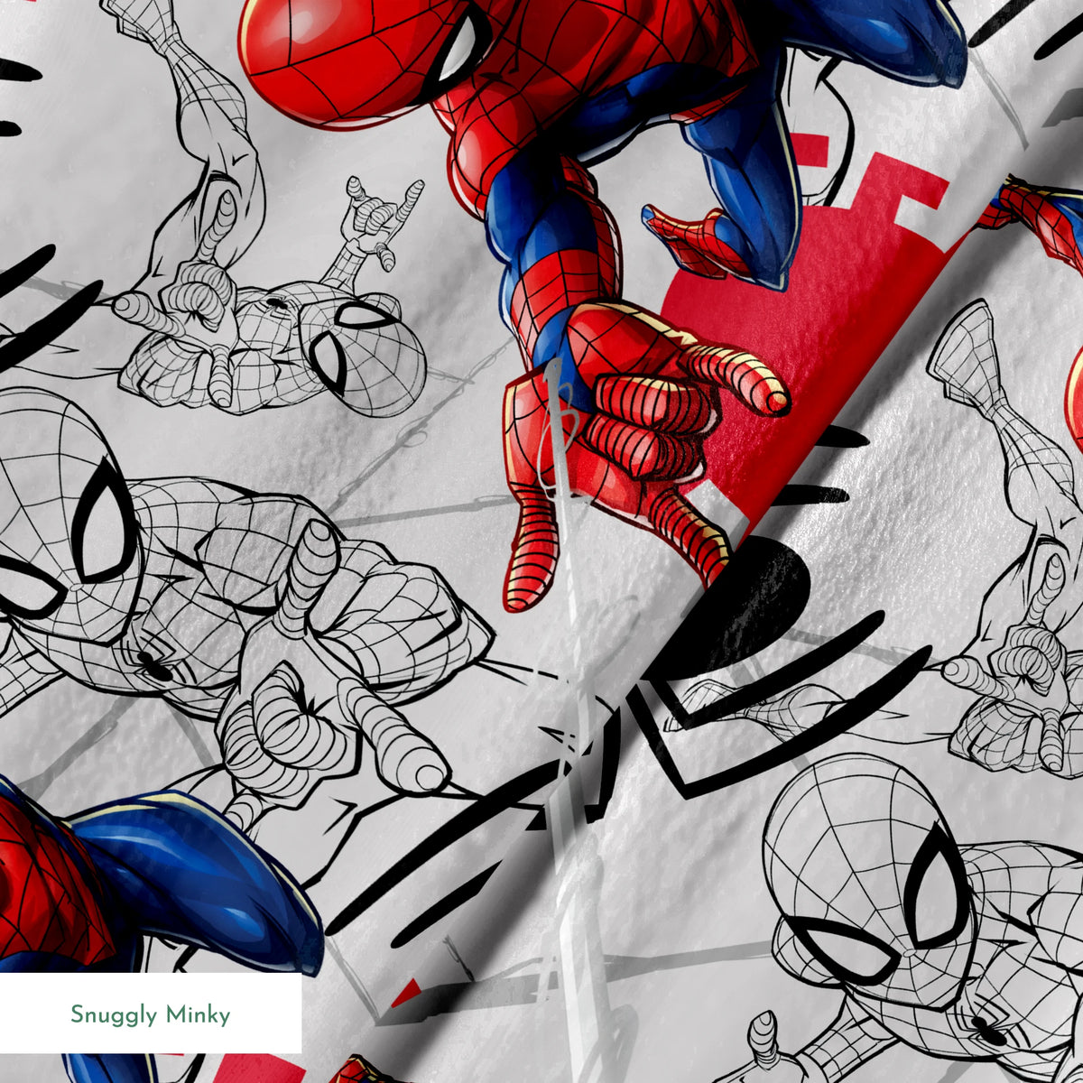 Spider-Man in various poses, including colored and line art illustrations on a red and gray background springs minky texture