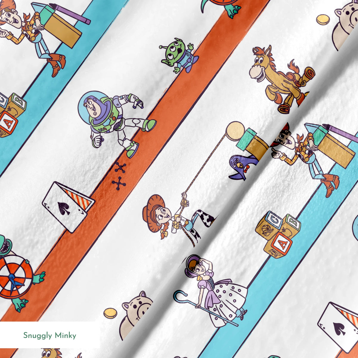 Cartoon illustration of three rows showing different Toy Story characters in action - Woody, Buzzlightyear, Jessie, & more! springs minky texture