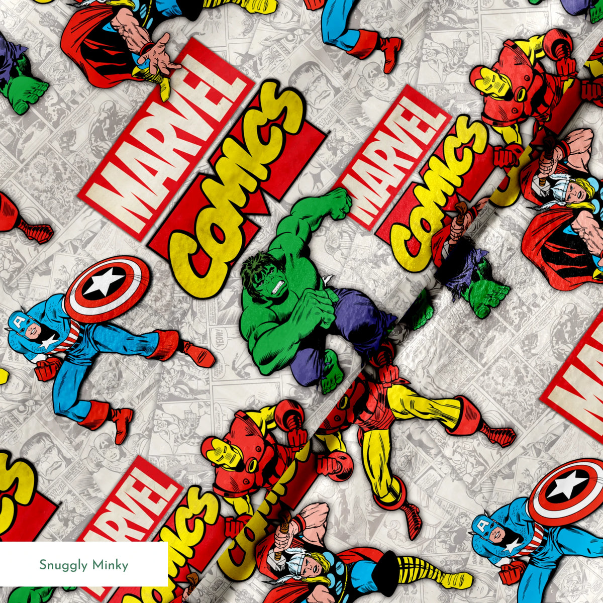 Marvel Comics collage pattern featuring iconic superheroes in action poses against comic book page background springs minky texture