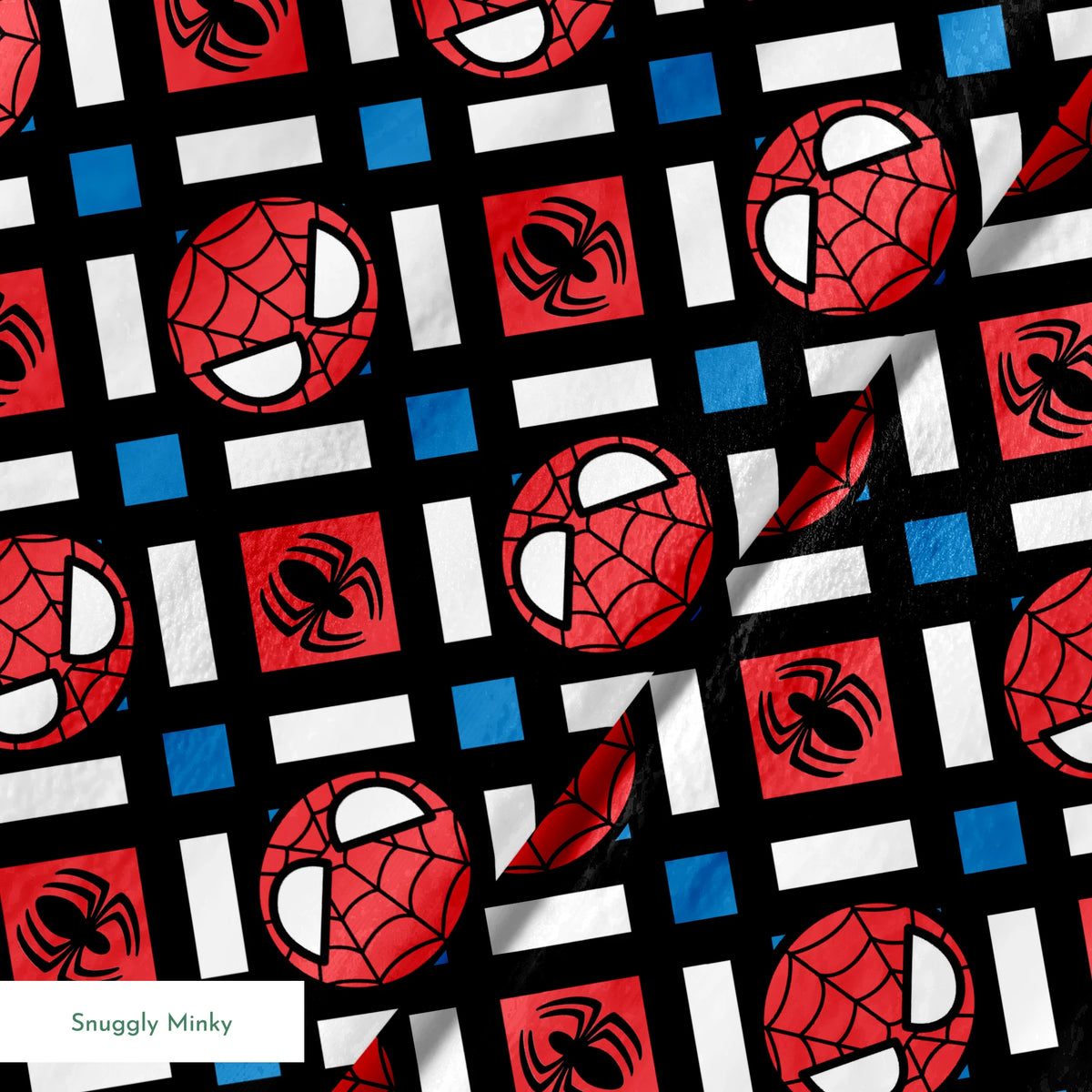 Spider-Man pattern with red masks, spider symbols, webs on black background with white X shapes and blue diamonds springs minky texture