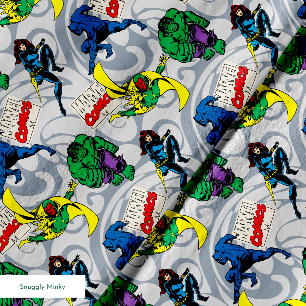 Marvel Comics characters including Hulk, Vision, and other superheroes on a gray background with Marvel Comics logos springs minky texture