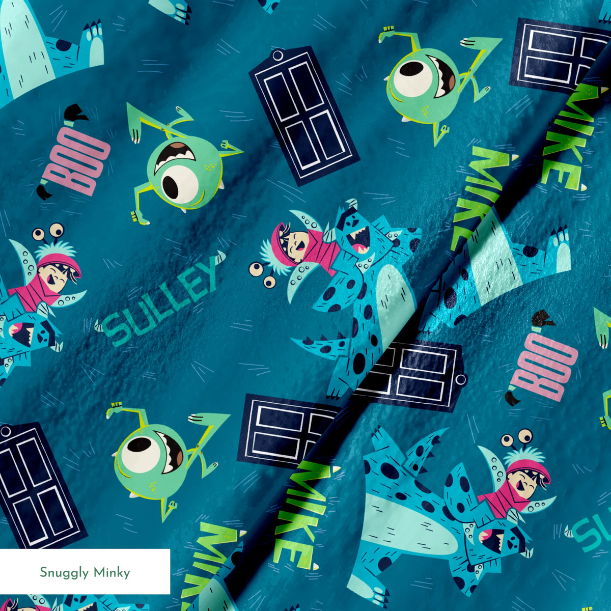 Monsters Inc pattern with Mike, Sulley, Boo characters, and doors on teal background springs minky texture