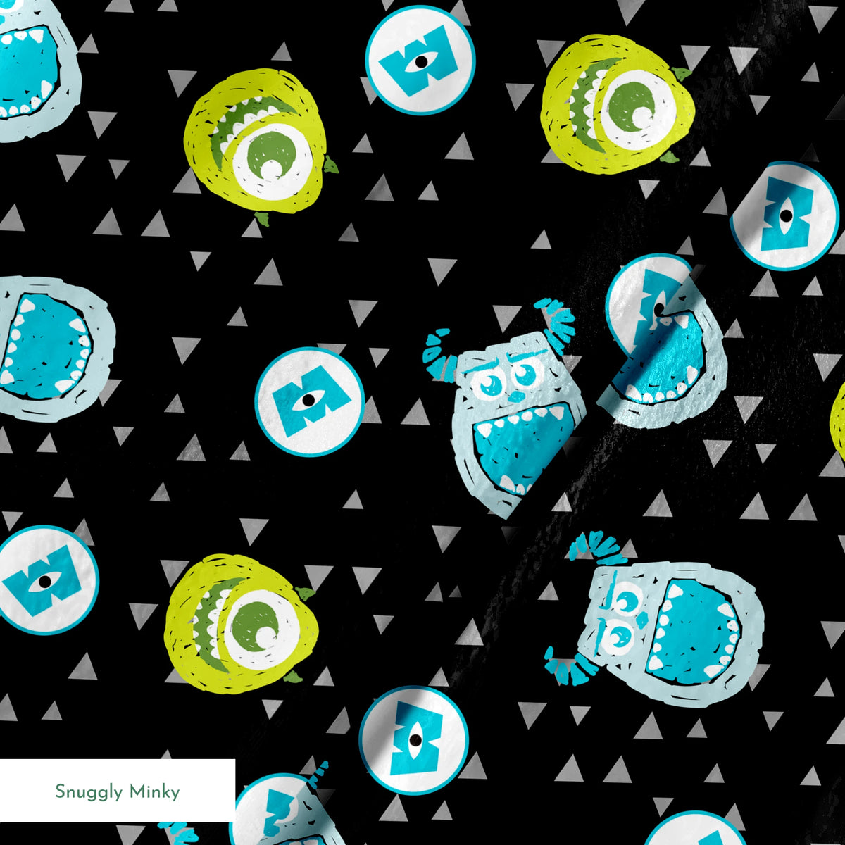 Monsters Inc pattern with Mike and Sulley on black background with gray triangles springs minky texture