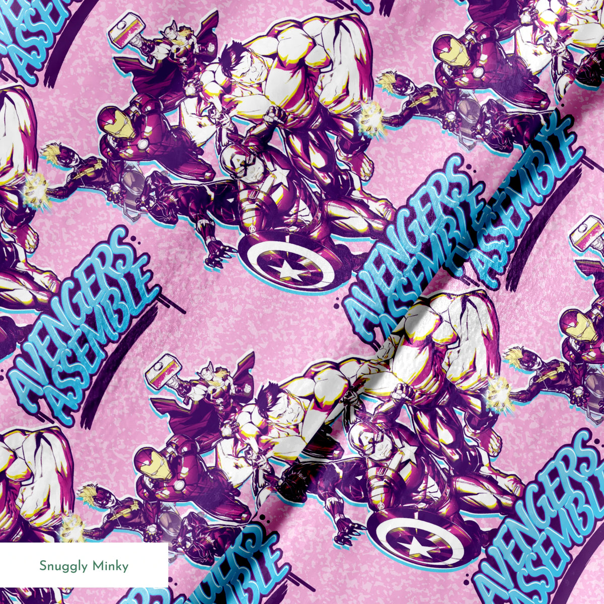 Avengers comic book characters pattern on purple background with "Avengers Assemble" text springs minky texture