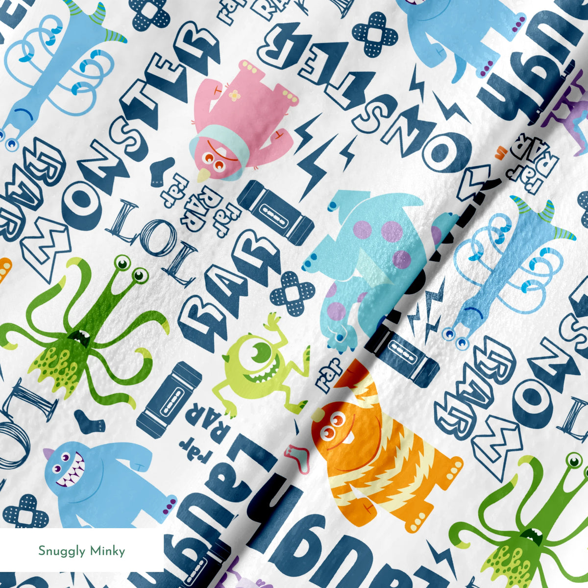 Colorful Monsters Inc doodle pattern with playful characters and text like "Laugh," "Power," and "Monster" in blue and vibrant colors. springs minky texture
