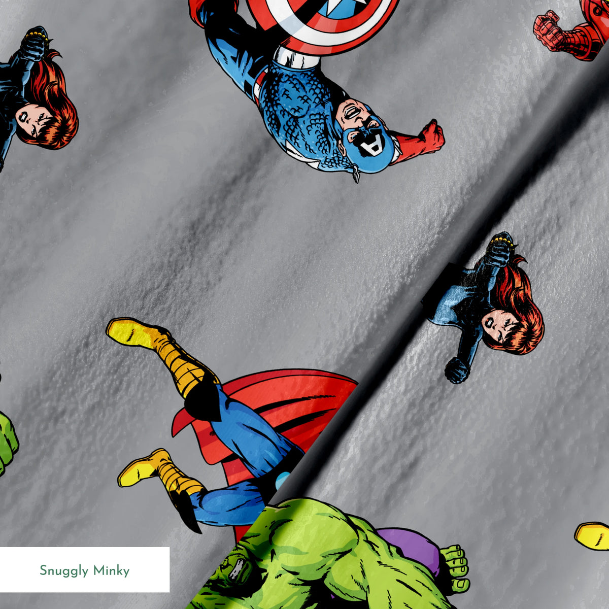 Marvel superheroes pattern with Hulk, Thor, Captain America, and Iron Man on gray background springs minky texture