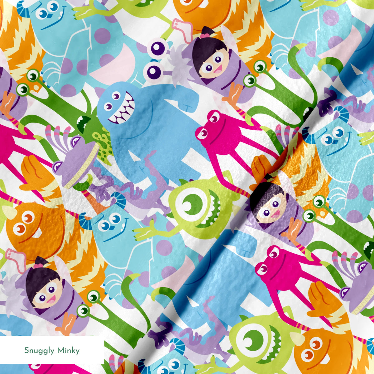 Colorful Monsters Inc pattern with various shapes, sizes and bright colors like blue, pink, orange and green. springs minky texture