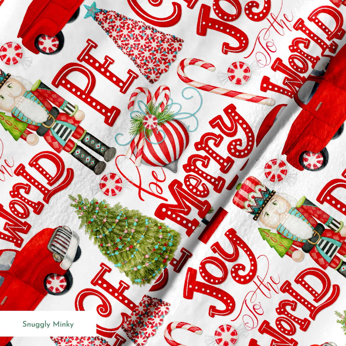Holiday pattern featuring red trucks, nutcrackers, candy canes, Christmas trees, and festive lettering on a white background by Nicole Tamarin. springs minky texture