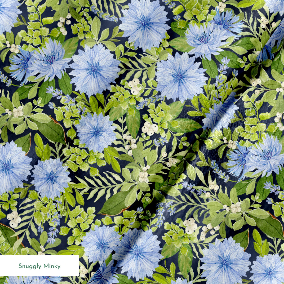 Beautiful floral pattern with light blue cornflowers and vibrant green leaves and foliage springs minky texture