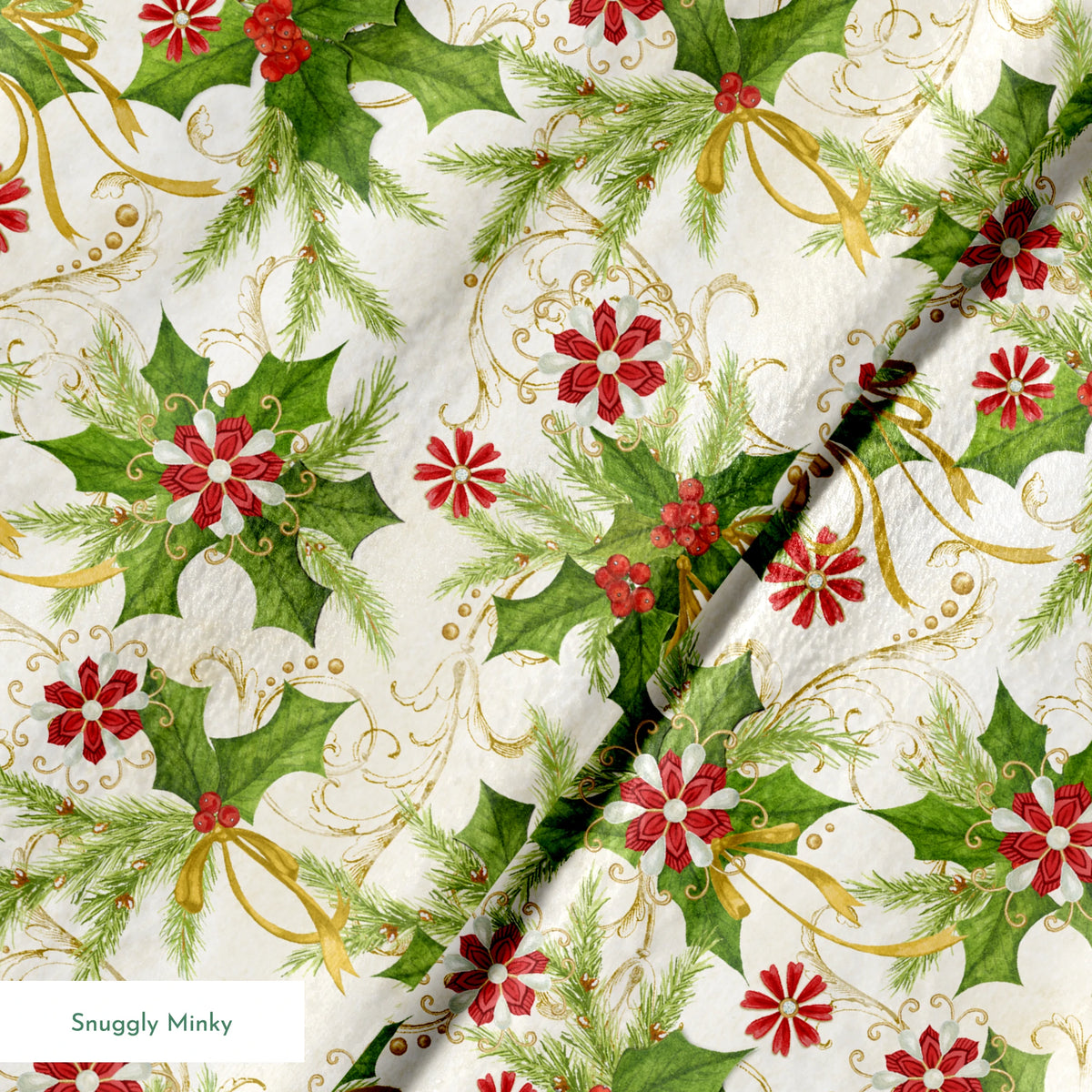 Festive pattern featuring holly leaves, pine branches, red floral medallions, and golden swirls on an ivory background by Nicole Tamarin. springs minky texture