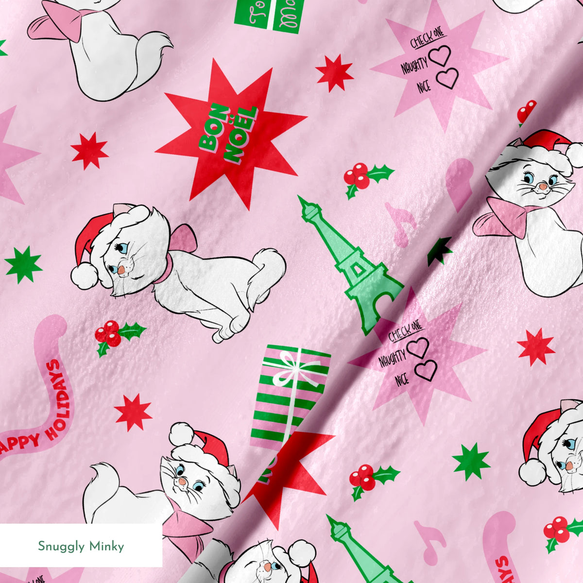Holiday pattern with Marie from The Aristocats in Santa hats, Eiffel Towers, "Noel" text, and festive stars on pink background springs minky texture