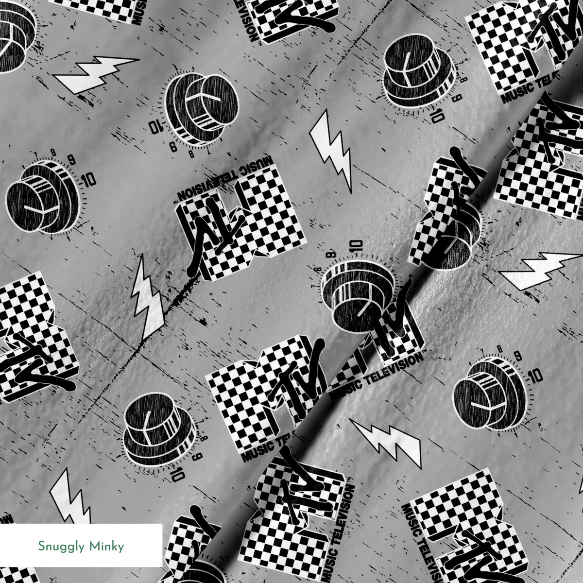 Motorsport pattern with checkered racing flags, lightning bolts, and helmets on gray background springs minky texture
