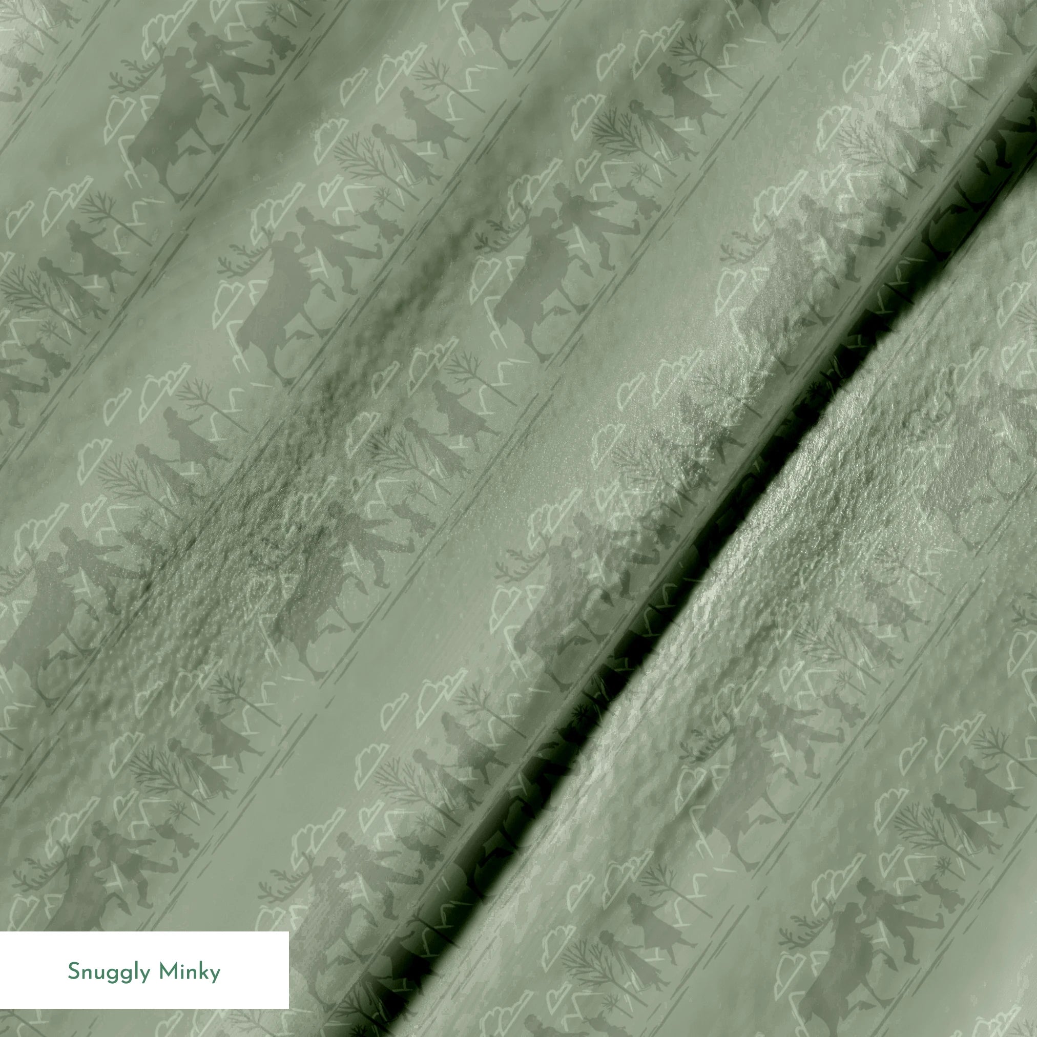Muted green patterned design with repeating silhouettes of Frozen characters in horizontal bands springs minky texture