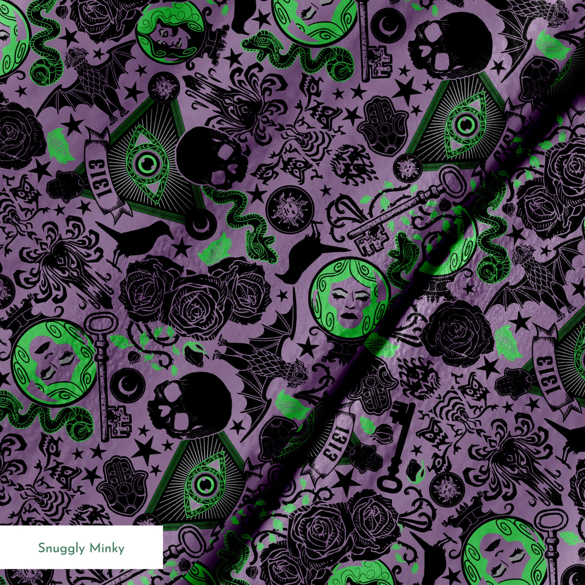 A dark purple background with gothic imagery in black and neon green featuring mystical elements including roses, celestial symbols, eyes, hands, and ornate decorative patterns. springs minky texture