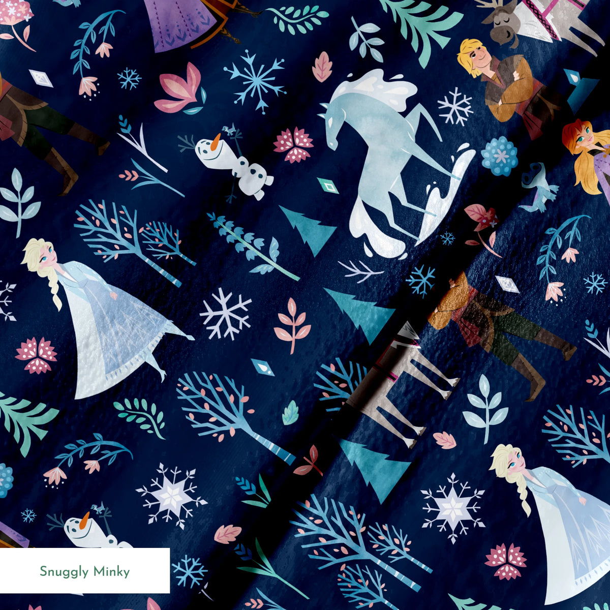 Illustrated Frozen pattern with Elsa, Anna, & friends, and floral elements on dark blue background springs minky texture